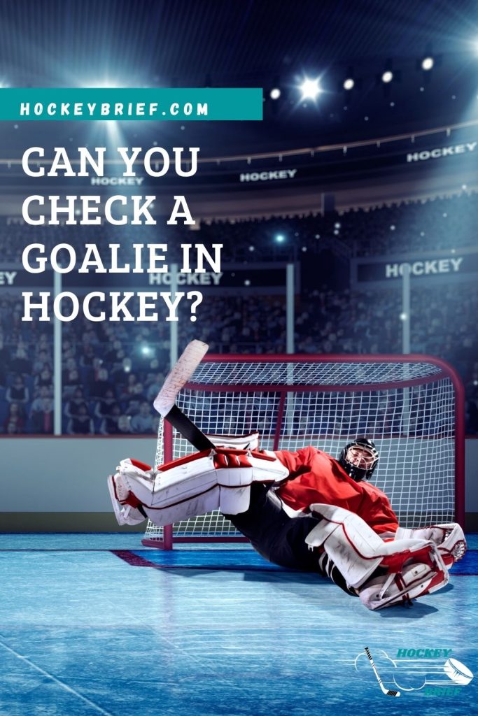 Can You Check A Goalie In Hockey? Pinterest pin image of goalie laying in a net